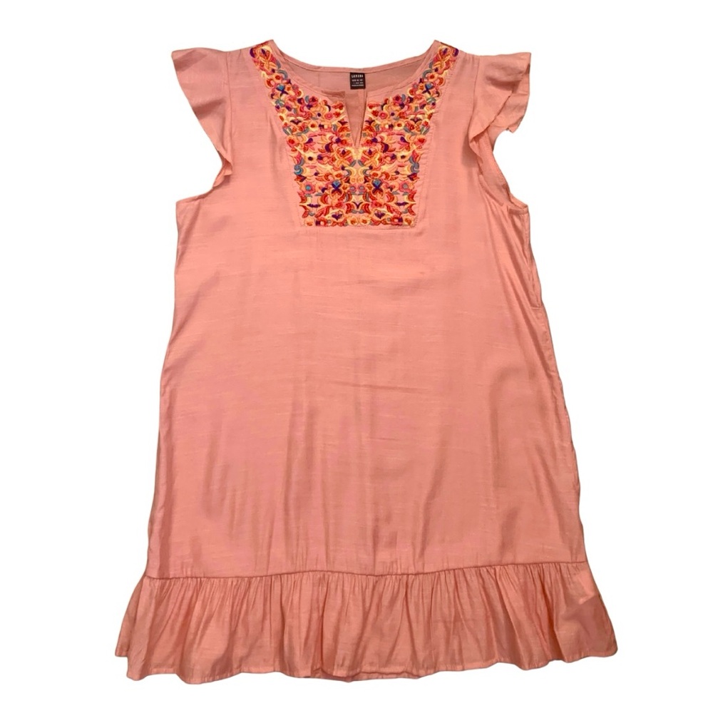 2/$30 Pink Coral Embroidered Floral Short Dress Mini Ruffle Boho Summer Prairie